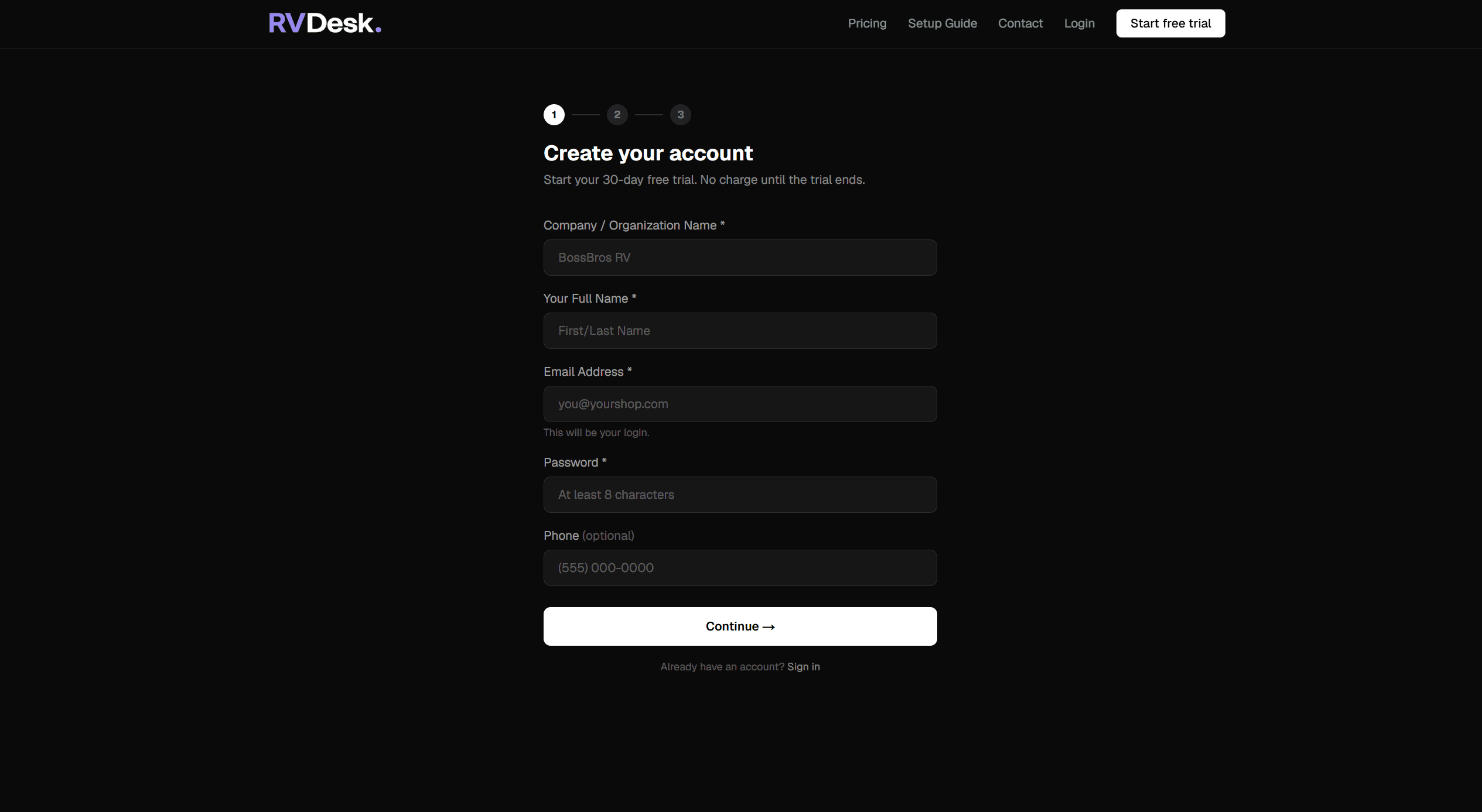 Create your account — RVDesk step 01