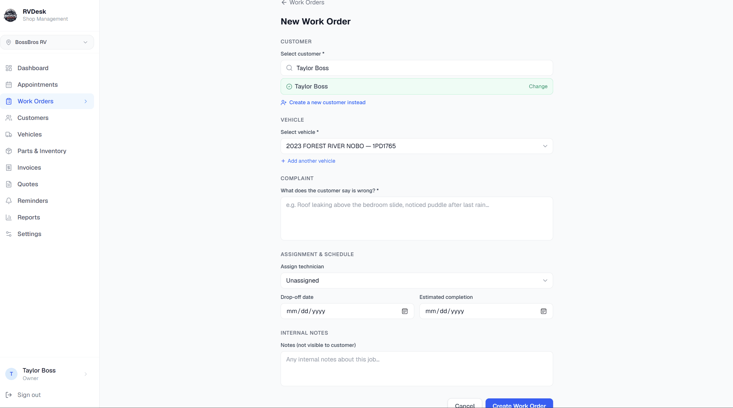 Create your first work order — RVDesk step 05