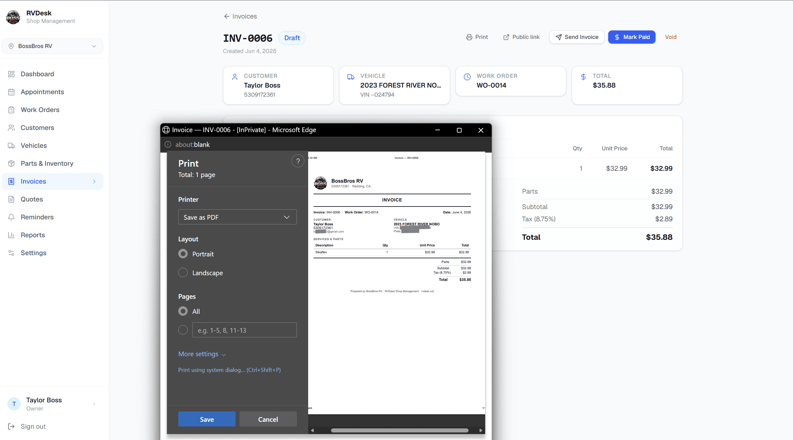 Mark the job complete and create an invoice — RVDesk step 07