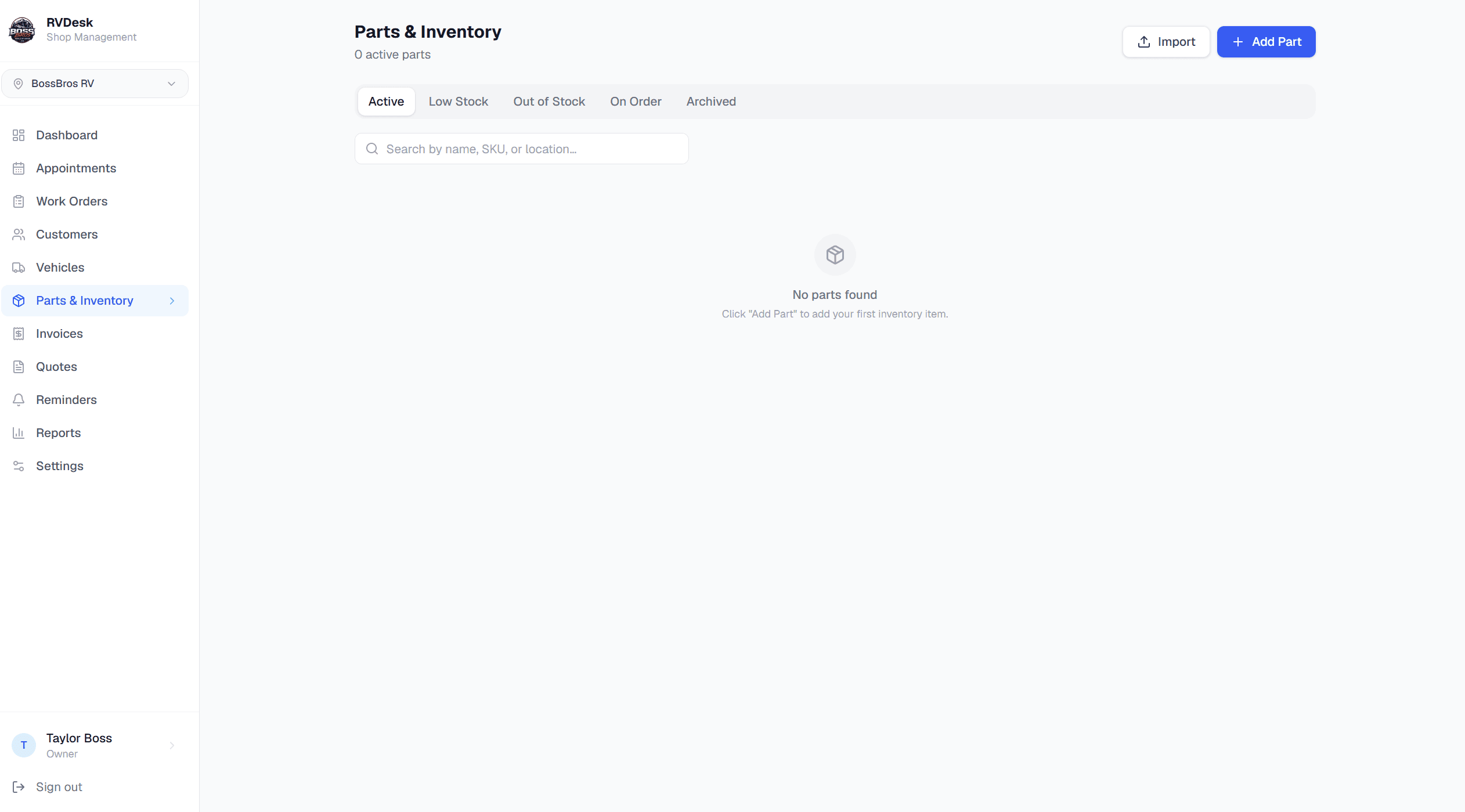 Set up parts inventory — RVDesk step 08