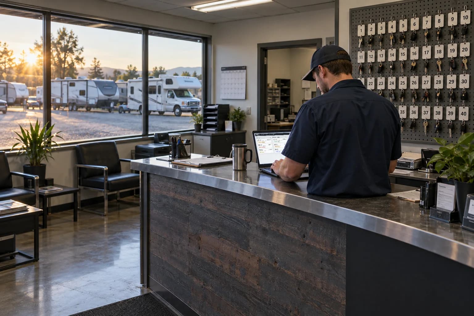 A service advisor at a front counter with a laptop, numbered key tags on the wall and RVs parked outside