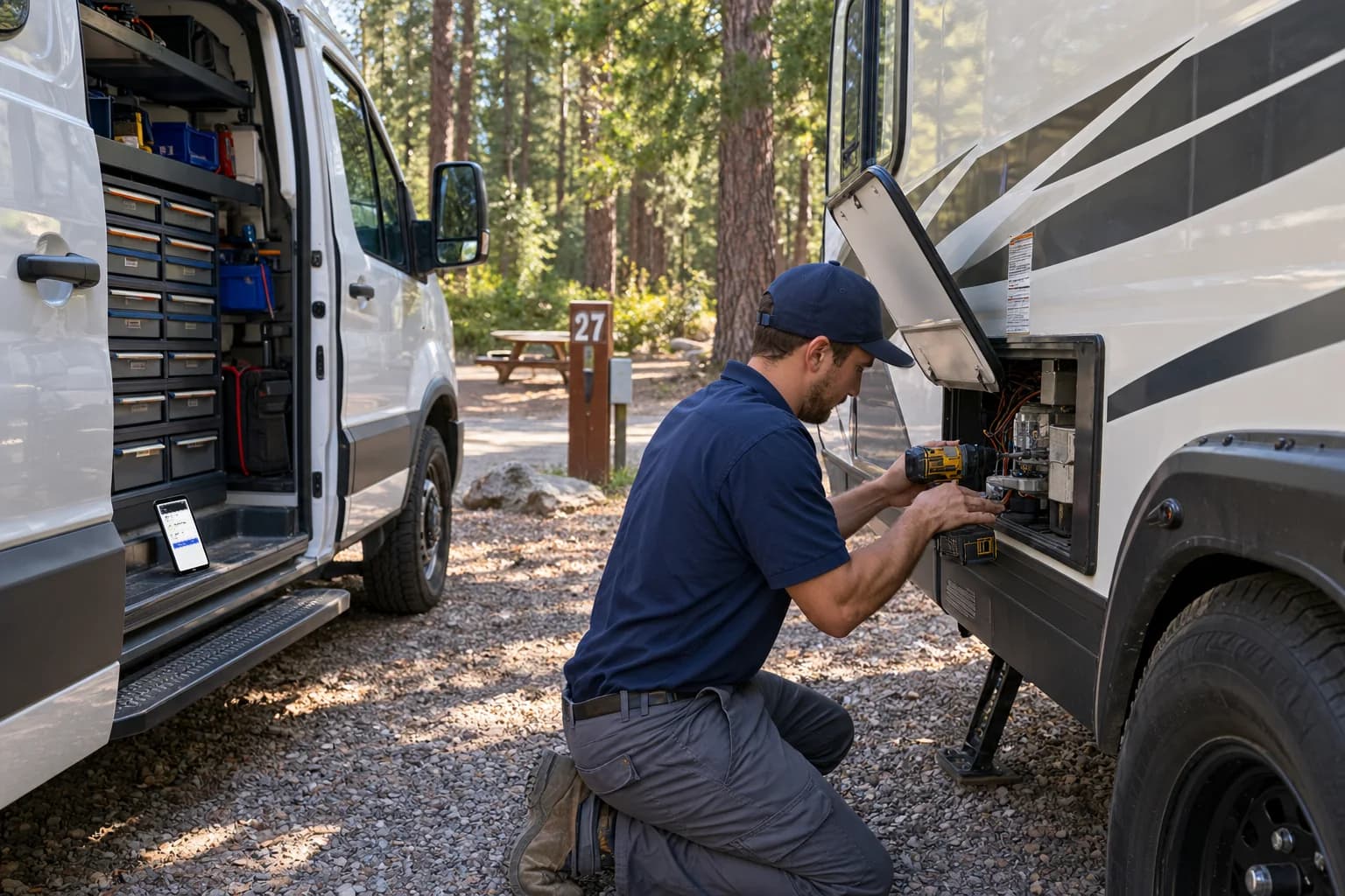 A mobile RV technician kneeling at an open compartment of a motorhome at a wooded campsite, his service van open beside him