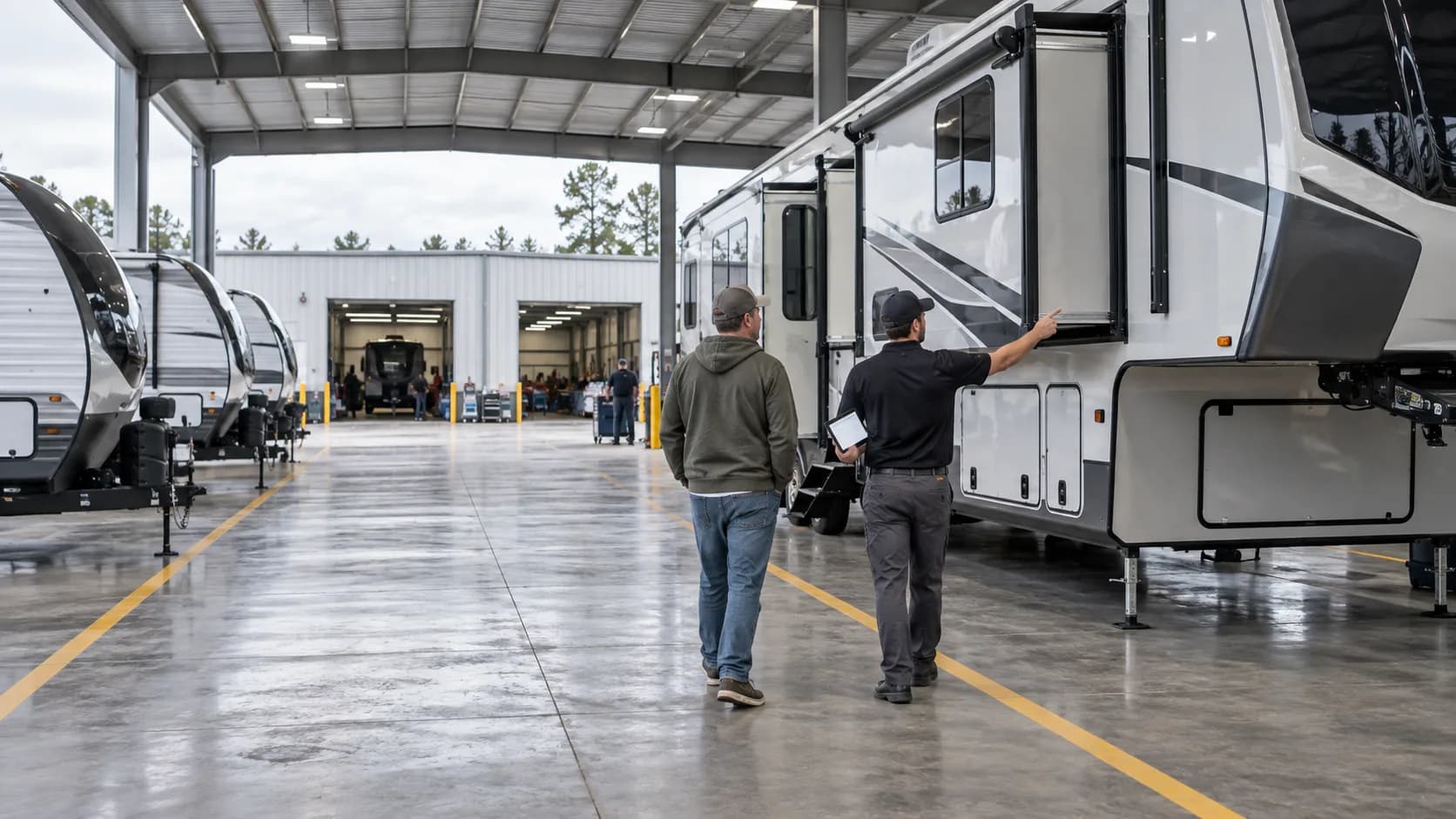 A service writer walking a customer along the side of a fifth-wheel trailer in an RV service drive