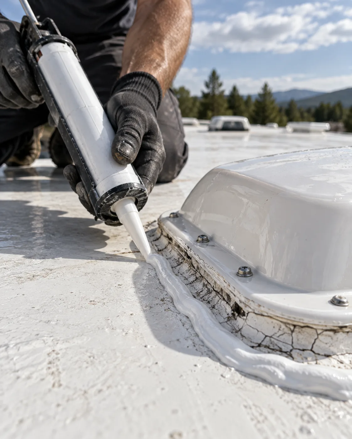 Close-up of cracked, separating sealant around the base of an RV roof vent
