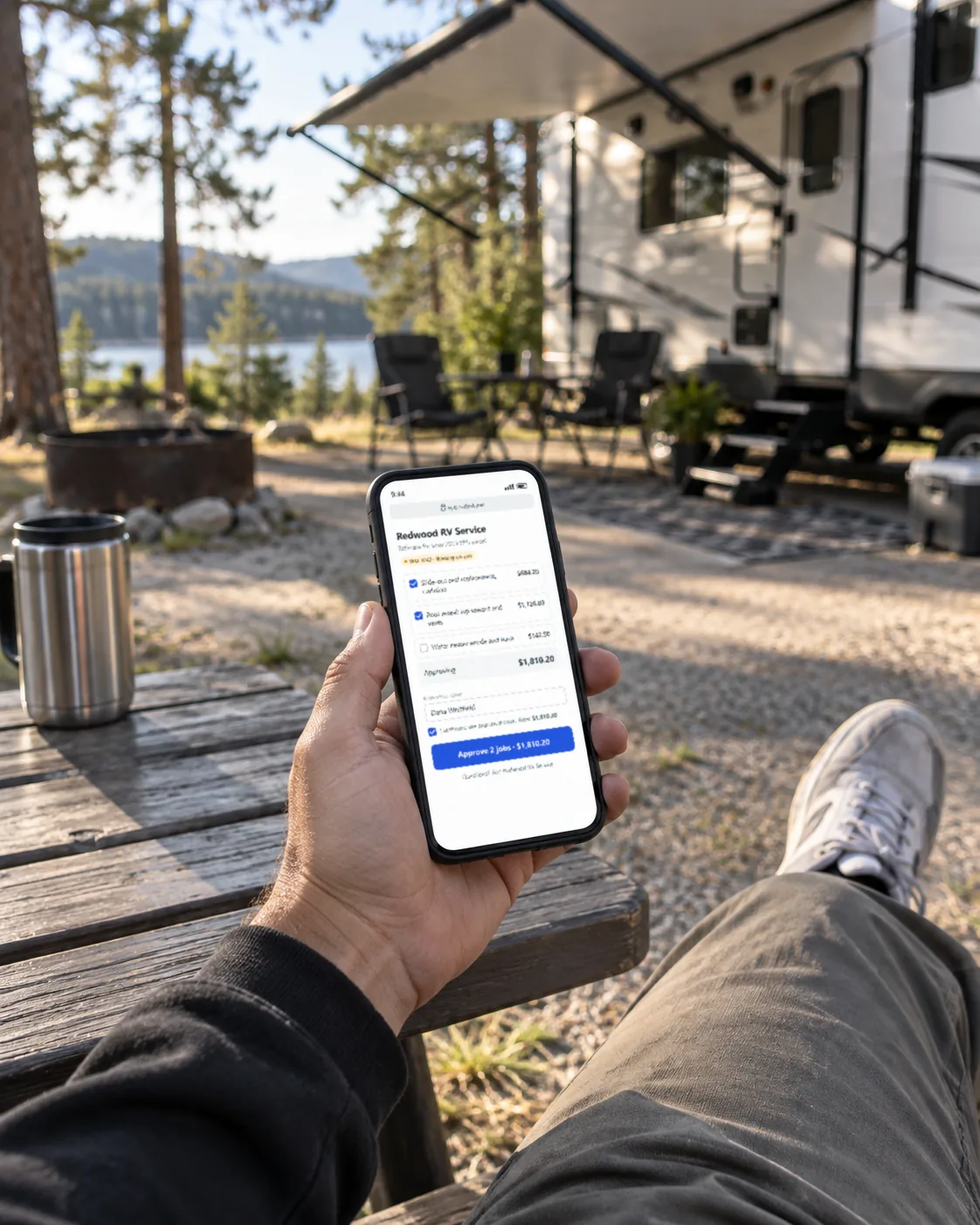 A customer at their campsite holding a phone, travel trailer behind them