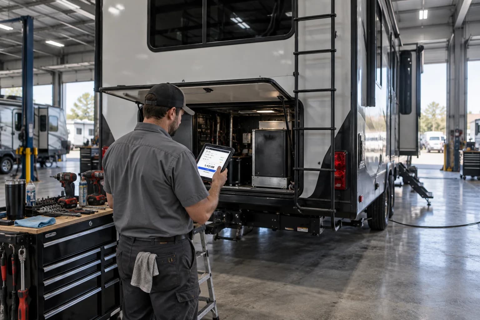A technician reading a tablet beside the open rear compartment of a fifth wheel in a service bay
