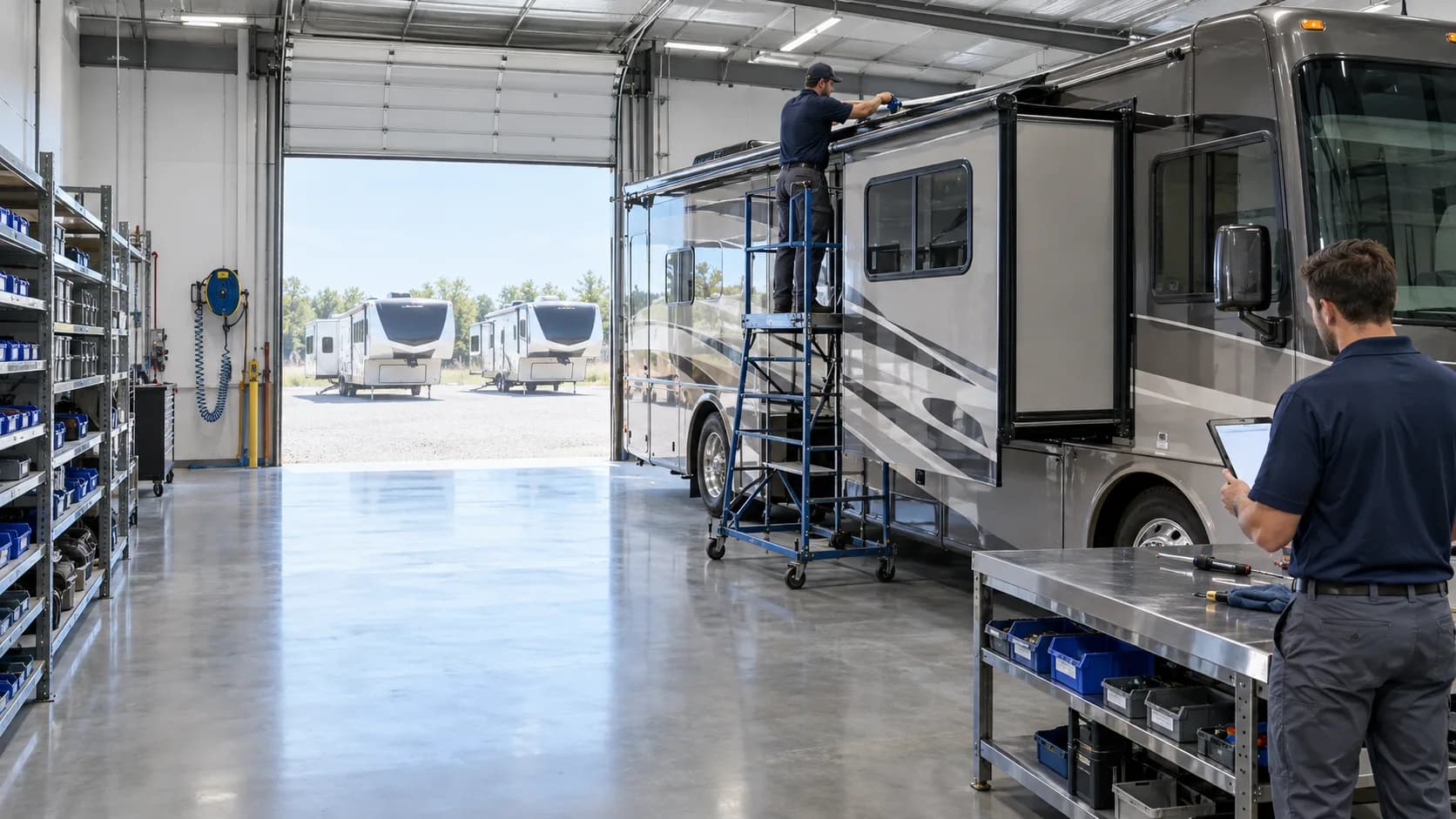 Technicians working on a Class A motorhome inside an RV shop bay
