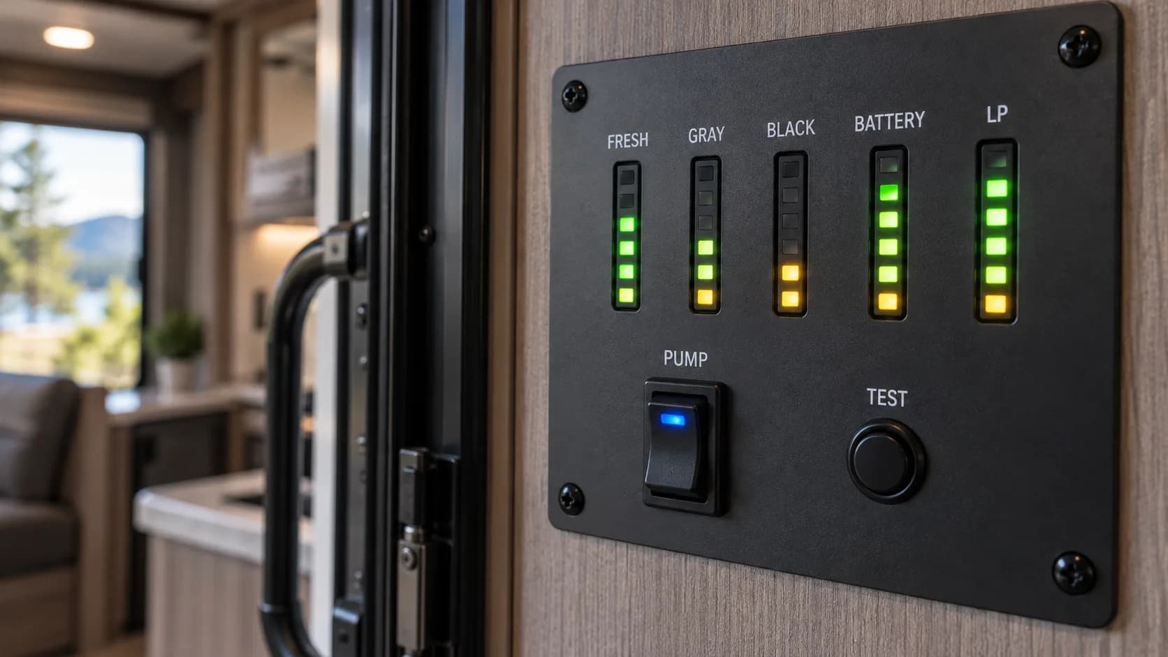 Close-up of an RV monitor panel with tank level lights and a pump switch